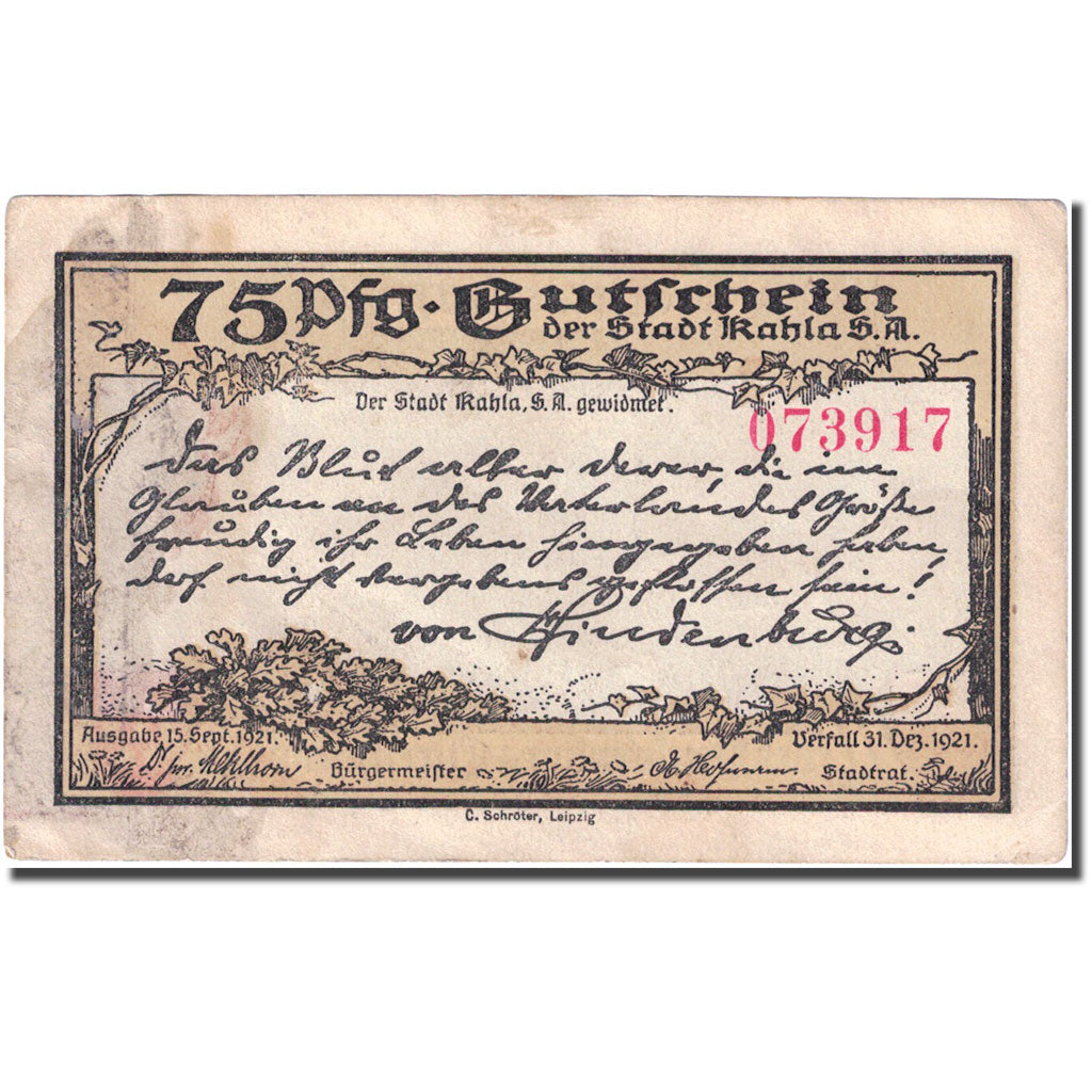 Banconote, Germania, Kahla, 75 Pfennig, château 2, 1921 BB Mehl:668.6b