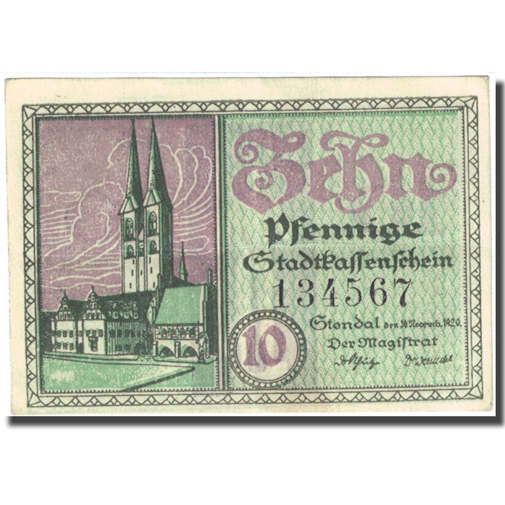 Banconote, Germania, Stendal, 10 Pfennig, Eglise, 1920 BB Mehl:S109.4e
