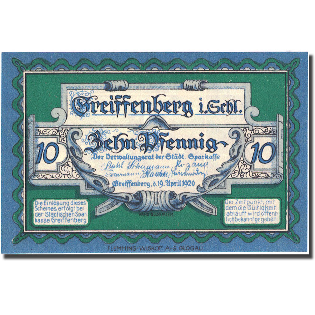 Banconote, Germania, Greiffenberg, 10 Pfennig, ruine, 1920 SPL+ Mehl:470.1