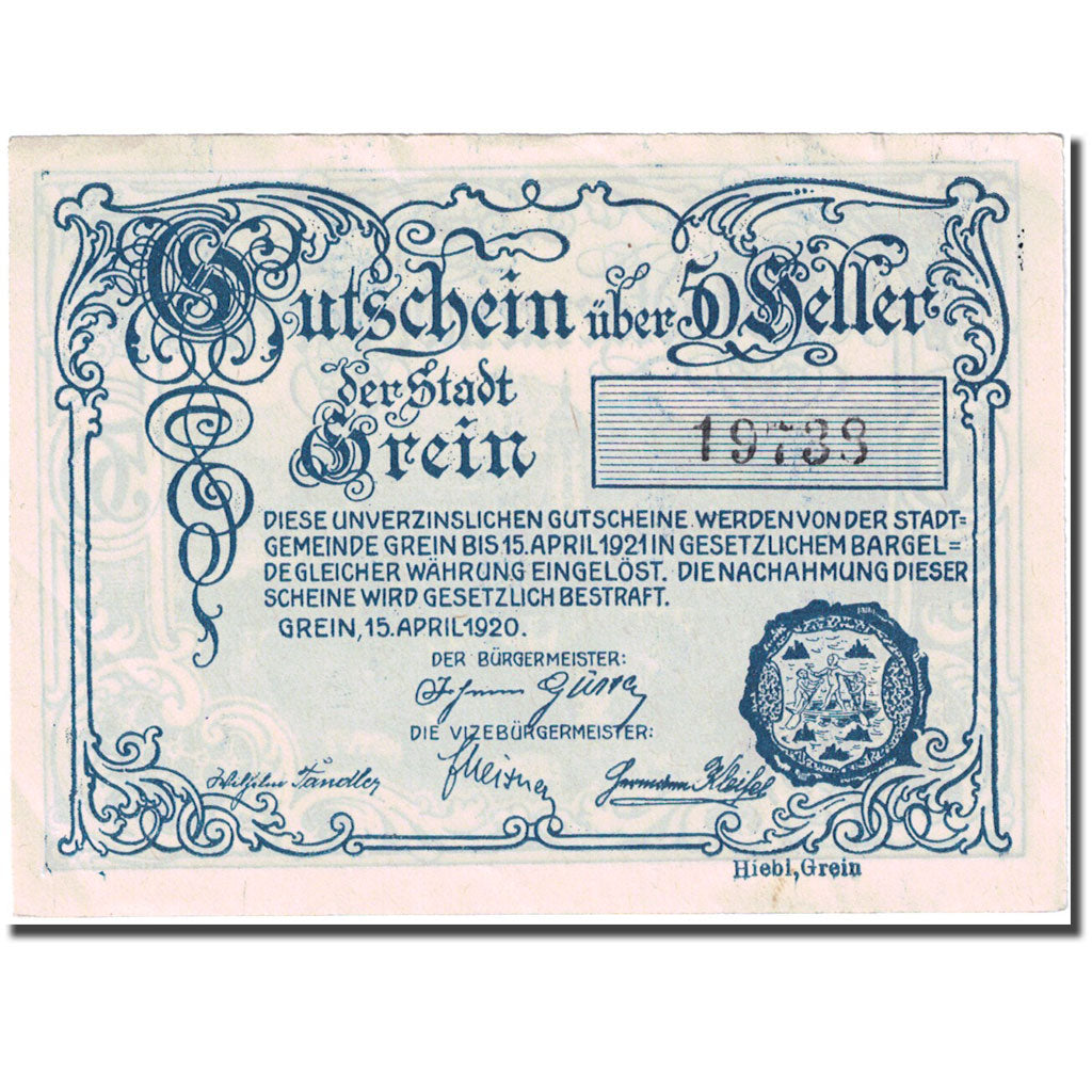 Billet, Autriche, Grein, 50 Heller, village 1, 1920 SUP bleu Mehl:FS 276IIc