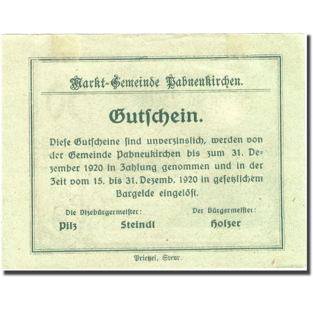 Banconote, Austria, Pabneukirchen, 50 Heller, village, 1920 SPL- Mehl:FS 719d