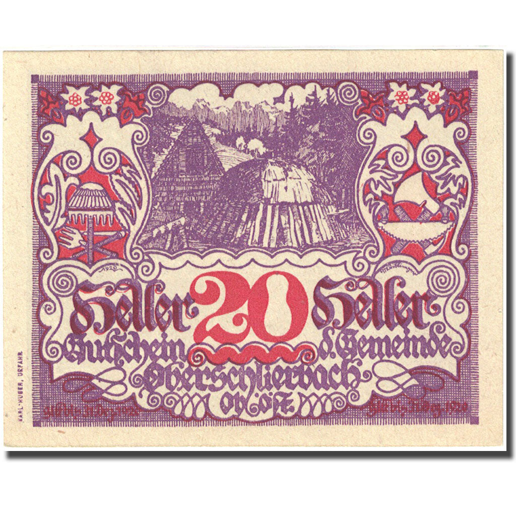 Nota, Áustria, Oberschlierbach, 20 Heller, village 1, 1920 SPL red Mehl:FS 694d