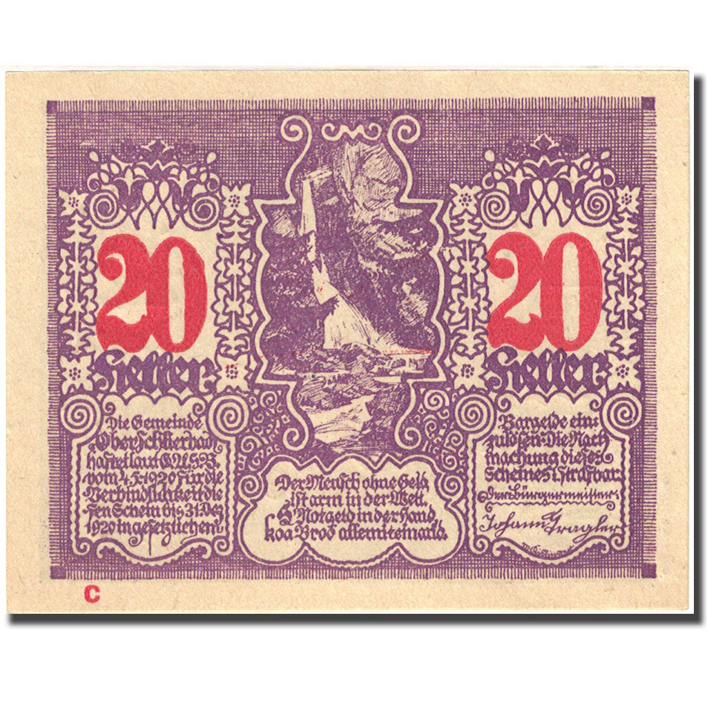 Nota, Áustria, Oberschlierbach, 20 Heller, village 1, 1920 SPL red Mehl:FS 694d