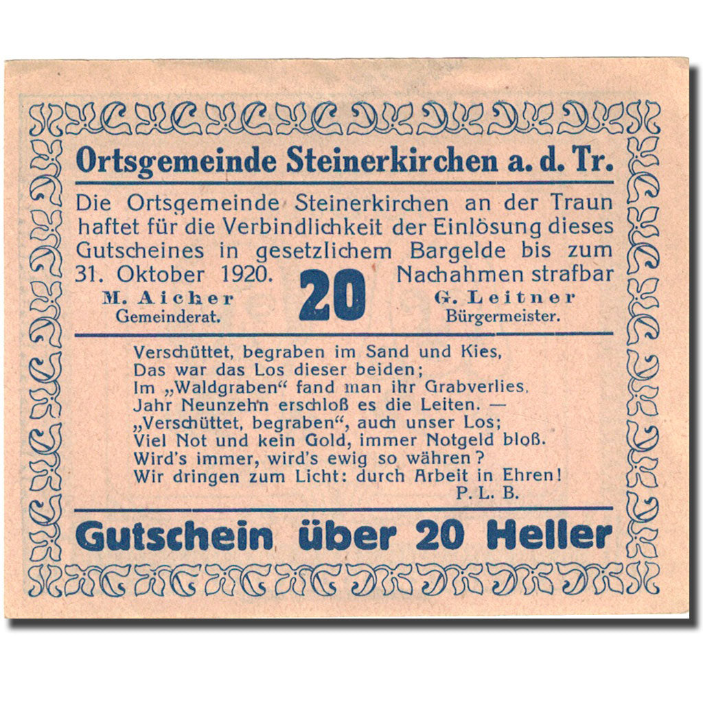 Nota, Áustria, Steinerkirchen, 20 Heller, personnage 1920 SUP+ Mehl:FS1029IIa