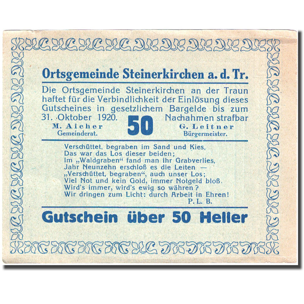 Banconote Austria Steinerkirchen 50 Heller personnage 1920 SPL- Mehl:FS1029IIa