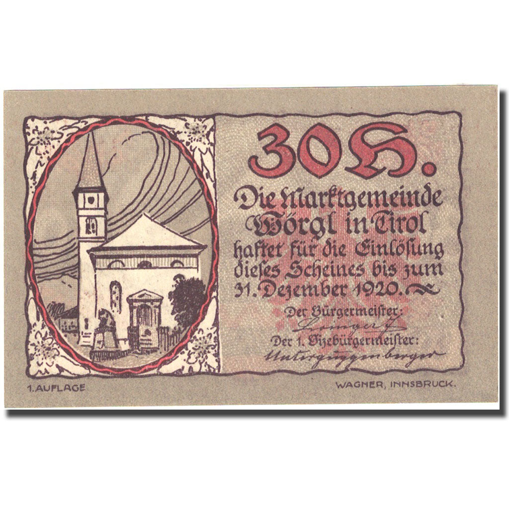 Banconote, Austria, Worgl, 30 Heller, Eglise, 1920 SPL Mehl:FS 1252b