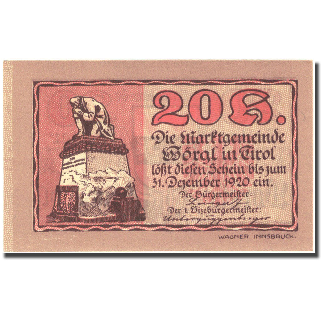Banconote, Austria, Worgl, 20 Heller, personnage 1920-12-31 SPL Mehl:FS 1252b