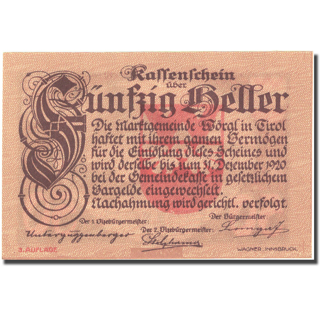 Banconote, Austria, Worgl, 50 Heller, montagne, 1920 SPL Mehl:FS 1252c