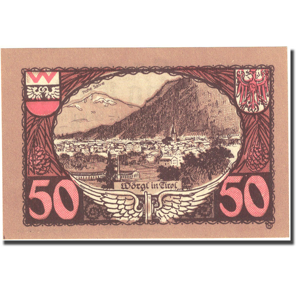 Banconote, Austria, Worgl, 50 Heller, montagne, 1920 SPL Mehl:FS 1252c