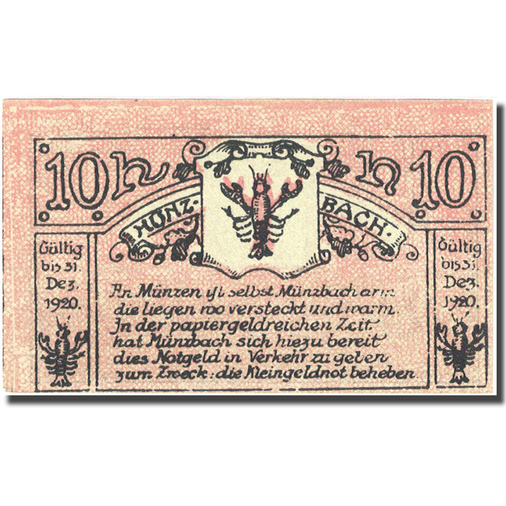 Banconote, Austria, Munzbach, 10 Heller, Eglise, 1920 SPL Mehl:FS636I