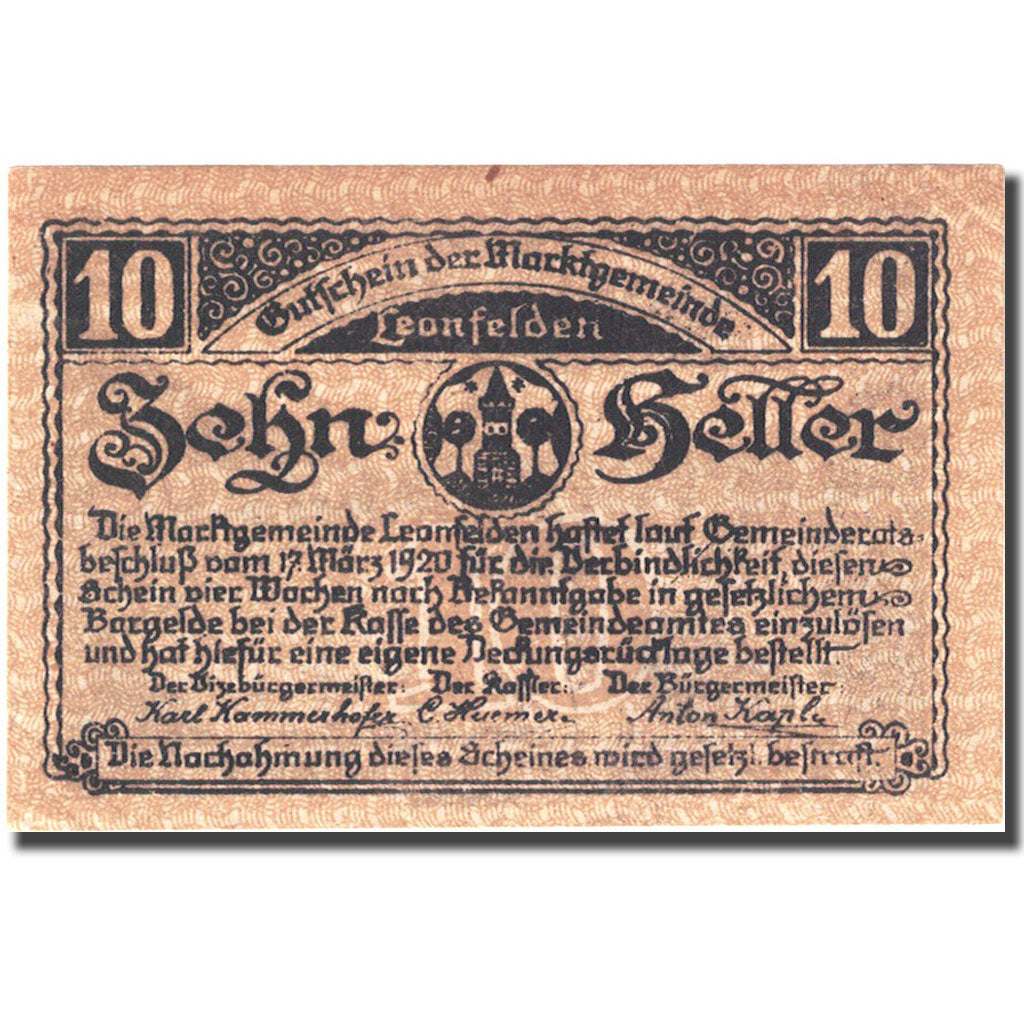 Banconote, Austria, Leonfelden, 10 Heller, village, 1920 SPL- Mehl:FS514