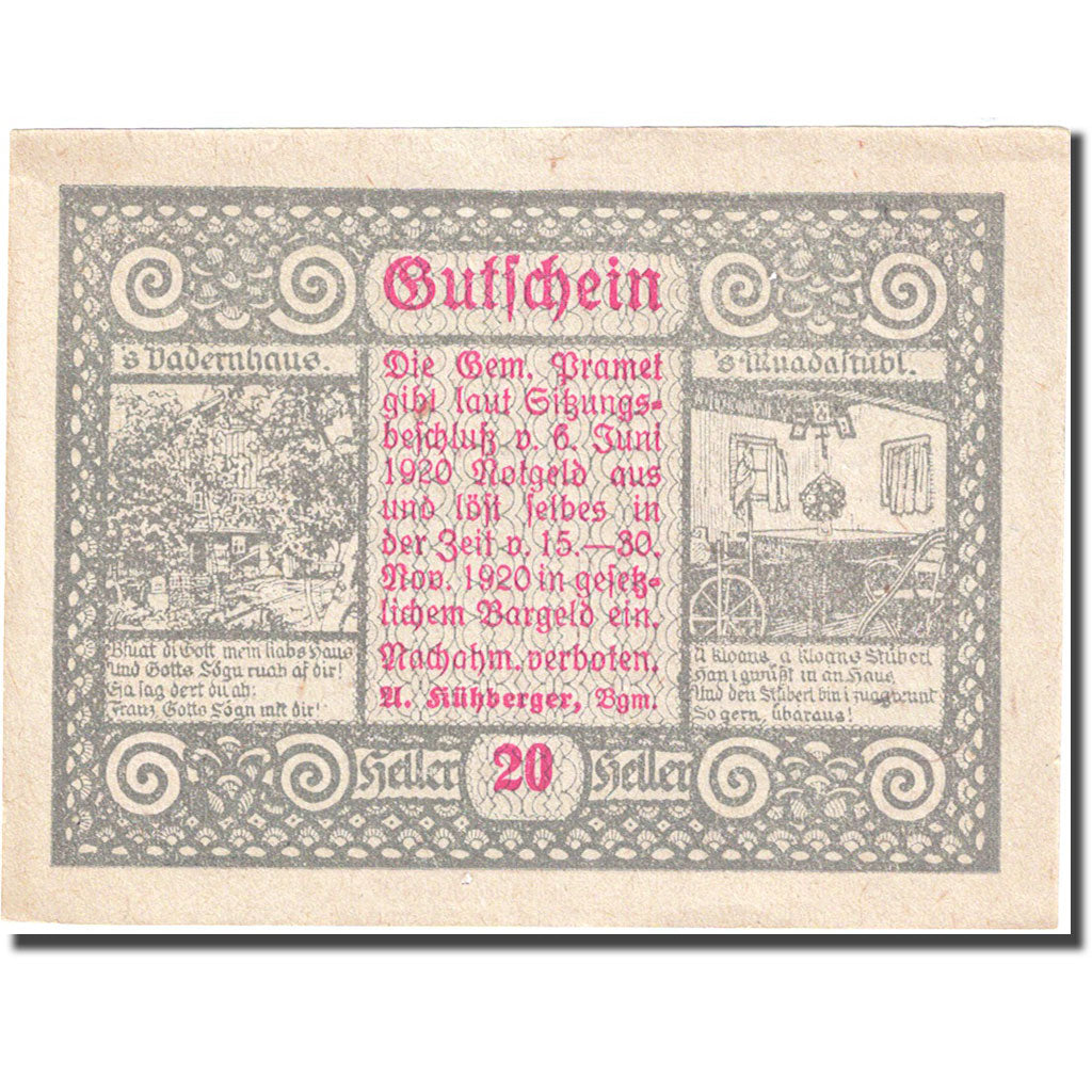Banknot, Austria, Pramet, 20 Heller, personnage 1, 1920, 1920-11-30, UNC(63)