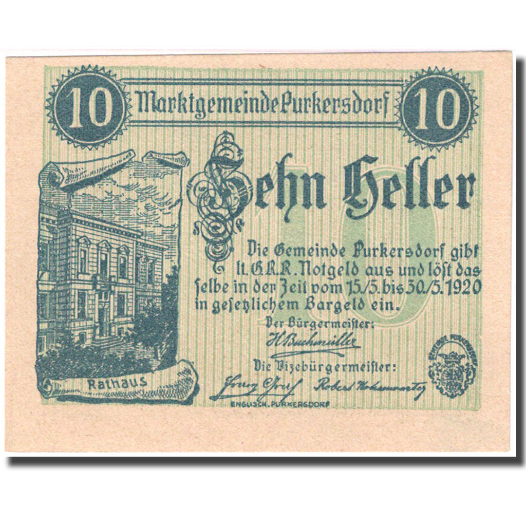 Geldschein, Österreich, Purkersdorf, 10 Heller, mairie, 1920 UNZ- Mehl:FS 801a