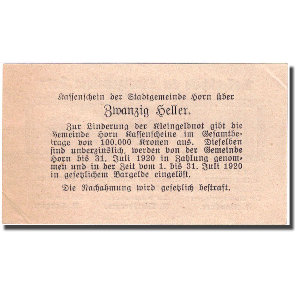 Banknot, Austria, Horn, 20 Heller, valeur faciale 1, 1920, 1920-01-25