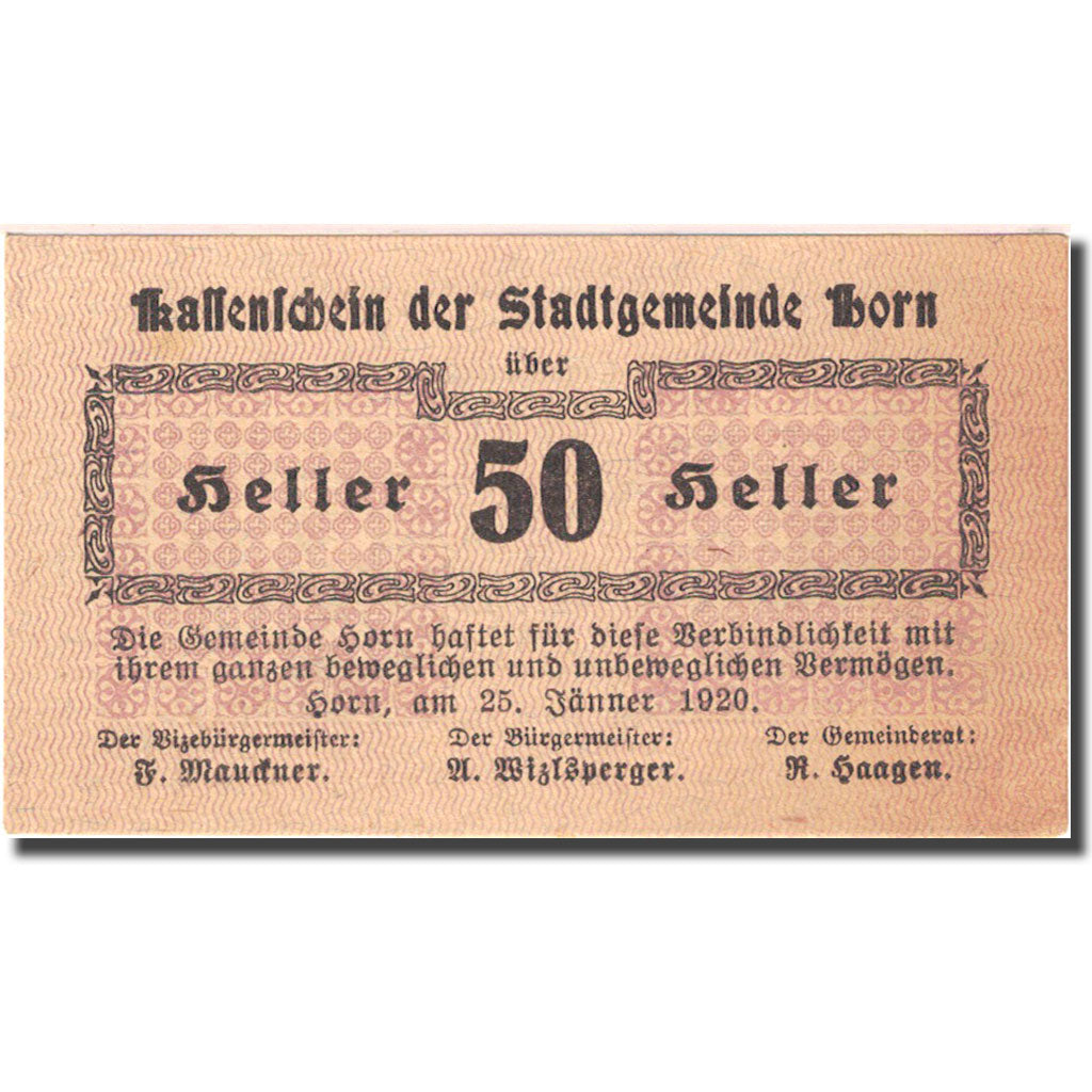 Nota Áustria Horn 50Heller, valeur faciale 2, 1920 AU(55-58) lila Mehl:FS 397Ib4