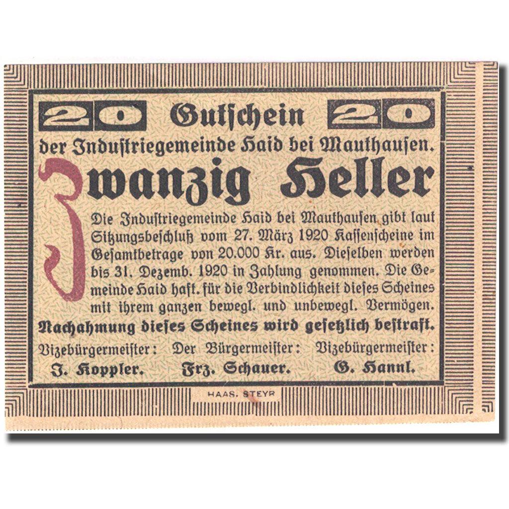 Billet, Autriche, Mauthausen, 20 Heller, Maison 1920-12-31 SPL Mehl:FS 334Ib