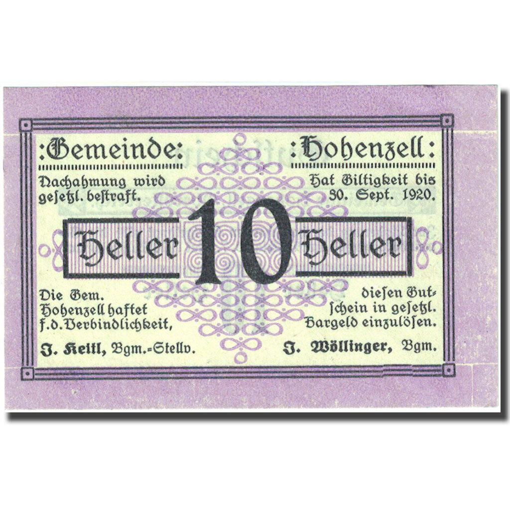 Nota Áustria Hohenzell 10Heller valeur faciale 1920 UNC(60-62) lila Mehl:FS389I