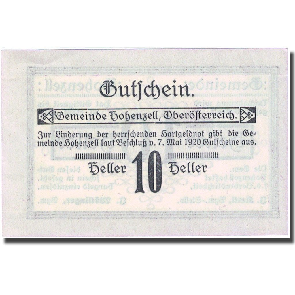 Nota Áustria Hohenzell 10Heller valeur faciale 1920 UNC(60-62) lila Mehl:FS389I