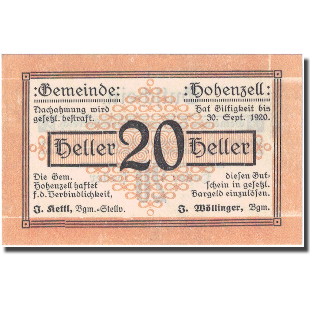 Banconote, Austria, Hohenzell, 20 Heller 1920 SPL orange Mehl:FS 389I