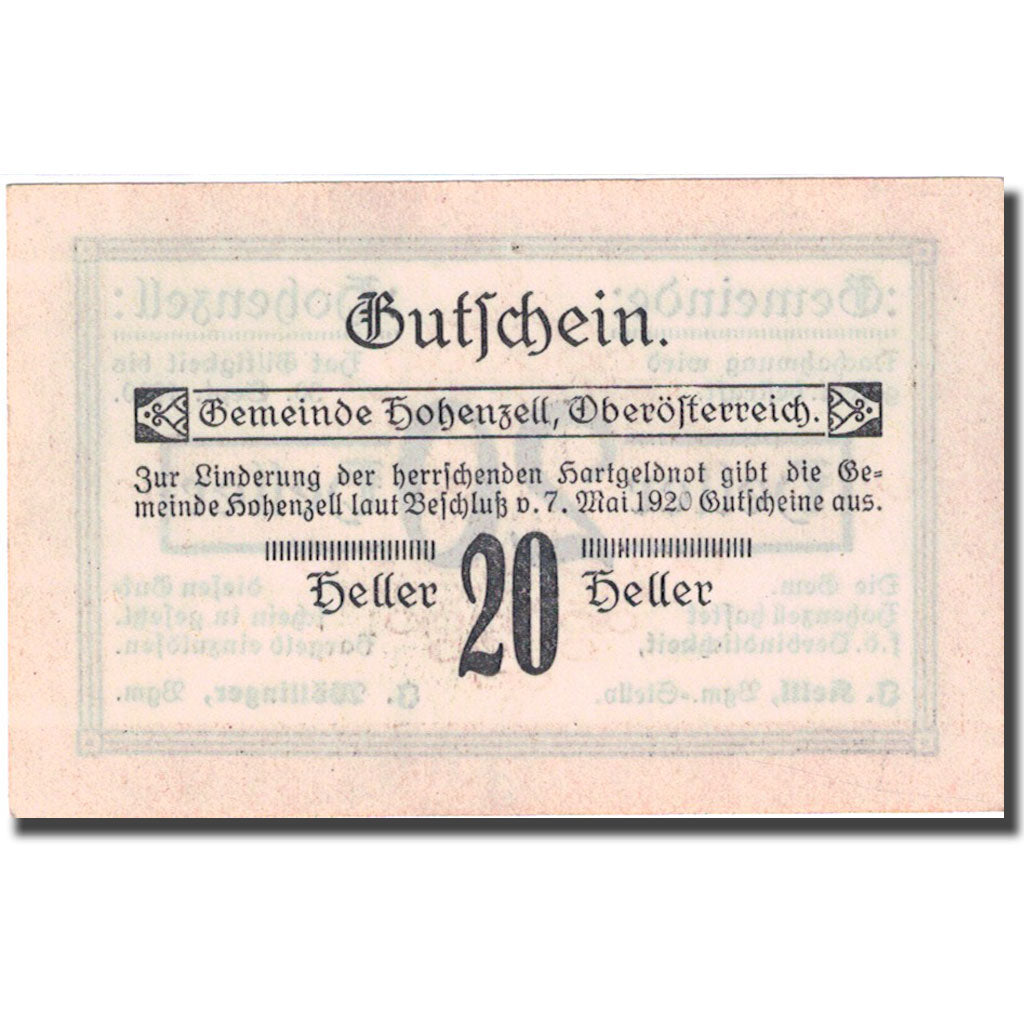 Banconote, Austria, Hohenzell, 20 Heller 1920 SPL orange Mehl:FS 389I
