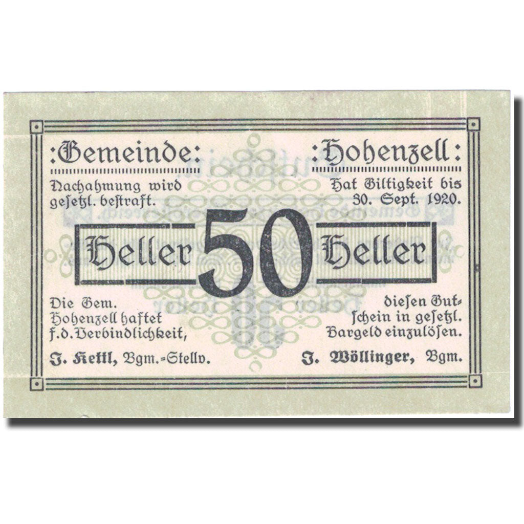 Billet, Autriche, Hohenzell 50 Heller valeur faciale 1920 SUP vert Mehl:FS 389I