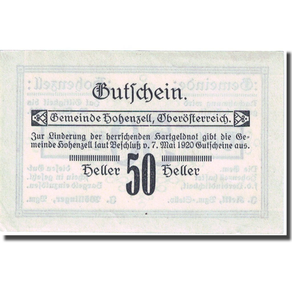Billet, Autriche, Hohenzell 50 Heller valeur faciale 1920 SUP vert Mehl:FS 389I
