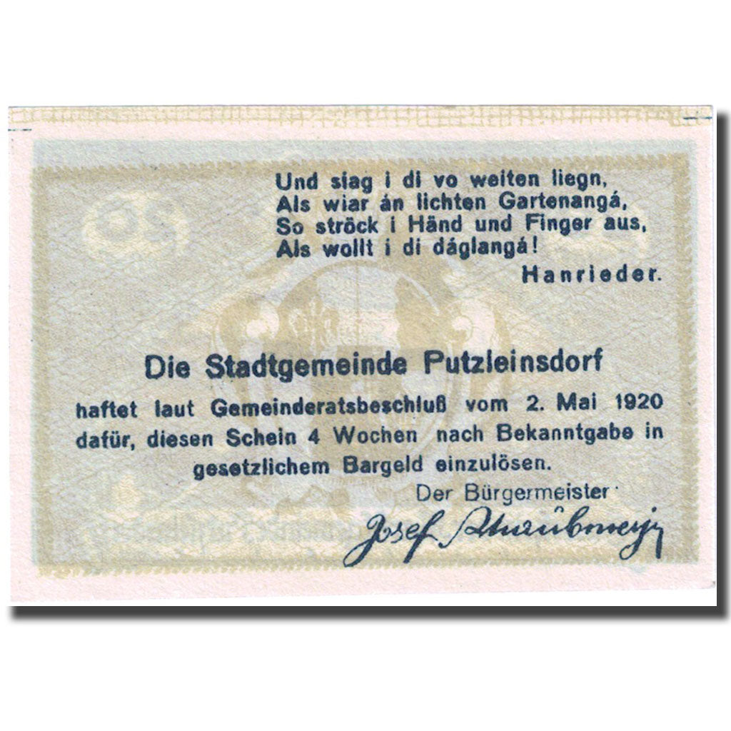 Banconote, Austria, Putzleinsdorf, 20 Heller, village, 1920 SPL  Mehl:FS804b
