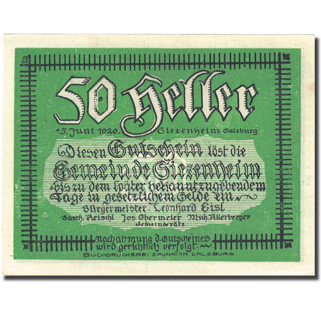 Banconote, Austria, Siezenheim, 50 Heller, arbre, 1920 SPL green Mehl:FS 996a