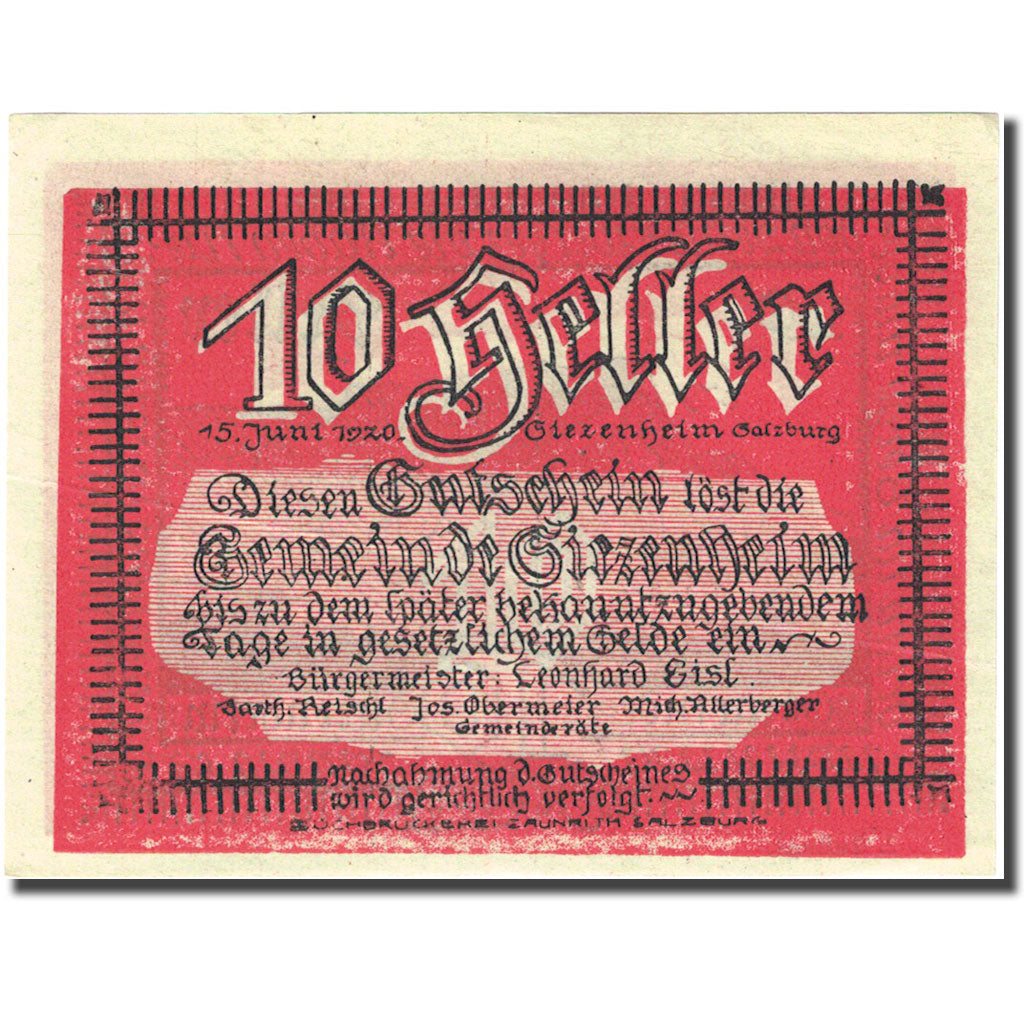 Billet, Autriche, Siezenheim, 10 Heller, montagne, 1920 SPL rouge Mehl:FS 996b