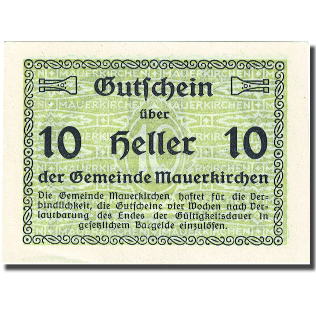 Banconote, Austria, Mauerkirchen, 10 Heller, Blason, SPL, Mehl:FS 598IBa