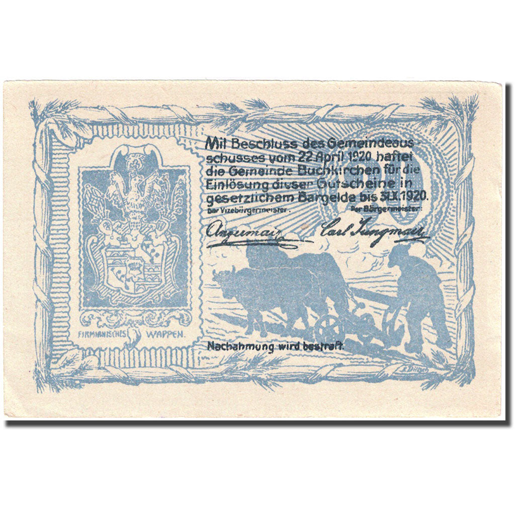 Billet, Autriche, Buchkirchen, 20 Heller, Blason 1, 1920 SUP bleu Mehl:FS 114a