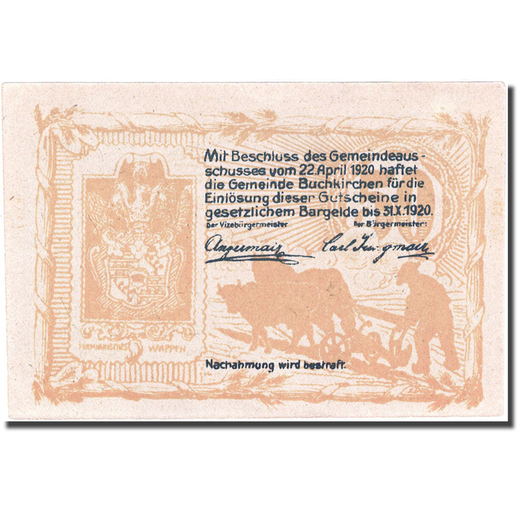 Geldschein, Österreich, Buchkirchen 50Heller Blason 2, 1920 VZ+ gelb Mehl:FS114a