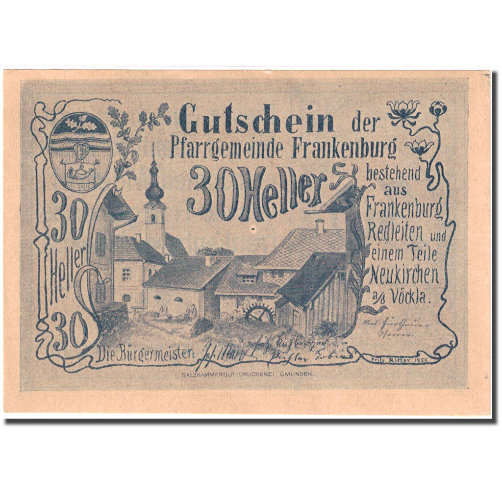 Geldschein, Österreich, Frankenburg, 30 Heller, village, VZ+ blau Mehl:FS 207b