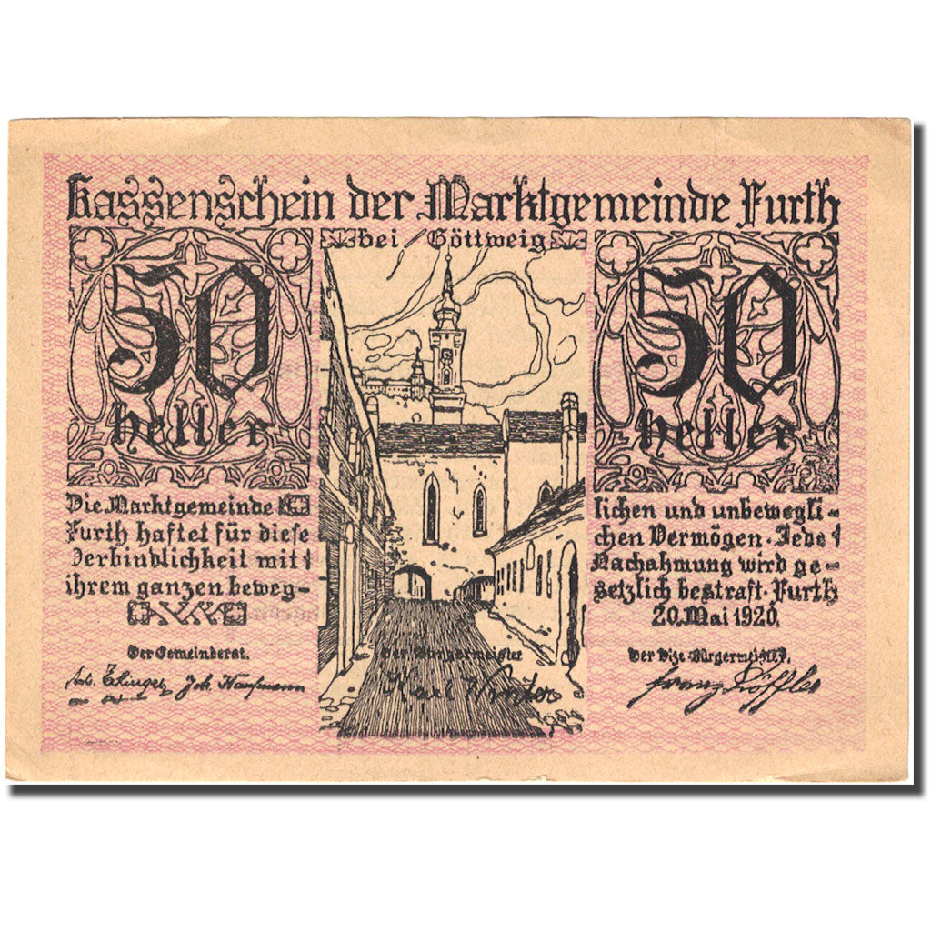 Banconote, Austria, Furth, 50 Heller, Eglise 1920-05-20, SPL- Mehl:FS 214aB