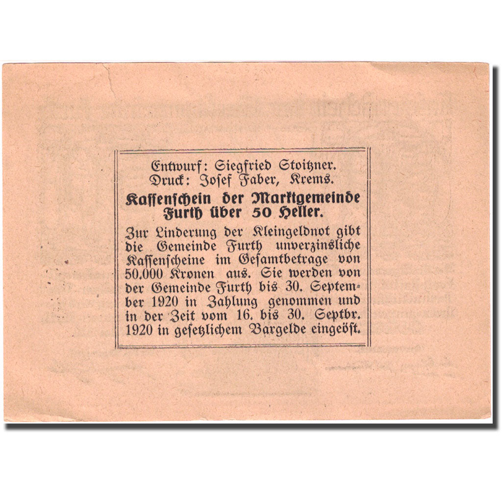 Banconote, Austria, Furth, 50 Heller, Eglise 1920-05-20, SPL- Mehl:FS 214aB