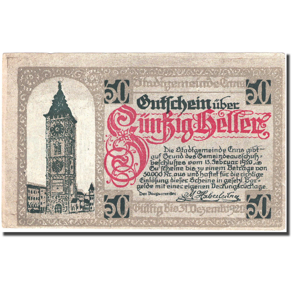 Billet, Autriche, Enns, 50 Heller, Eglise, 1920, 1920-12-31, SUP, Mehl:FS 174Ia