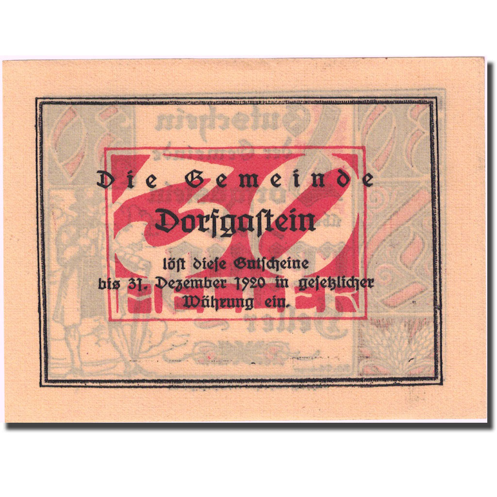Nota, Áustria, Dorfgastein, 30 Heller, personnage, 1920, UNC(63) Mehl:FS 130