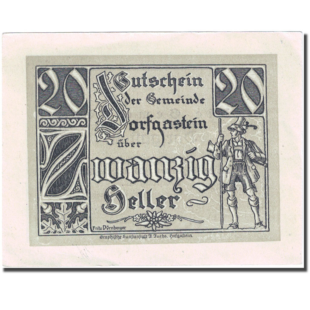 Billet, Autriche, Dorfgastein, 20 Heller, personnage 1920-12-31, SUP+ Mehl:FS130