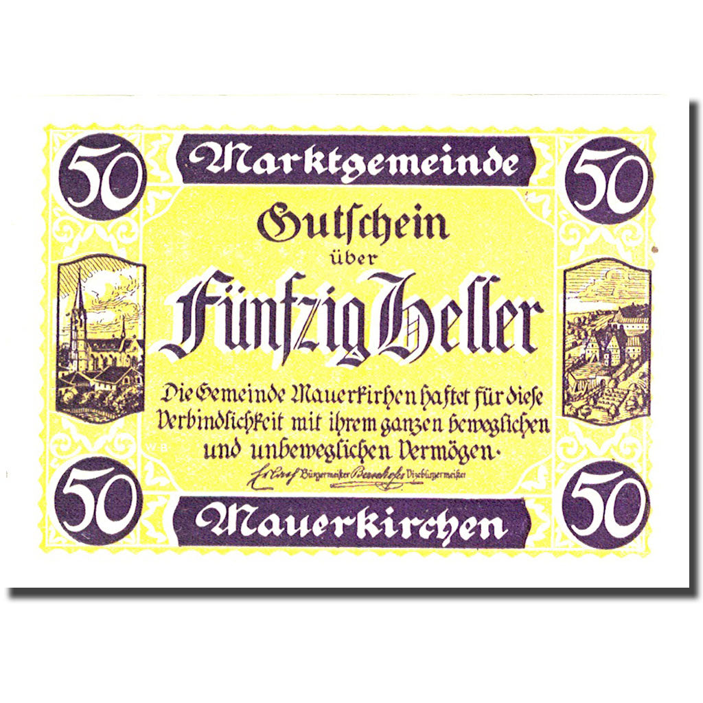 Banconote, Austria, Mauerkirchen, 50 Heller, Blason 1, SPL yellow Mehl:FS 598IBd