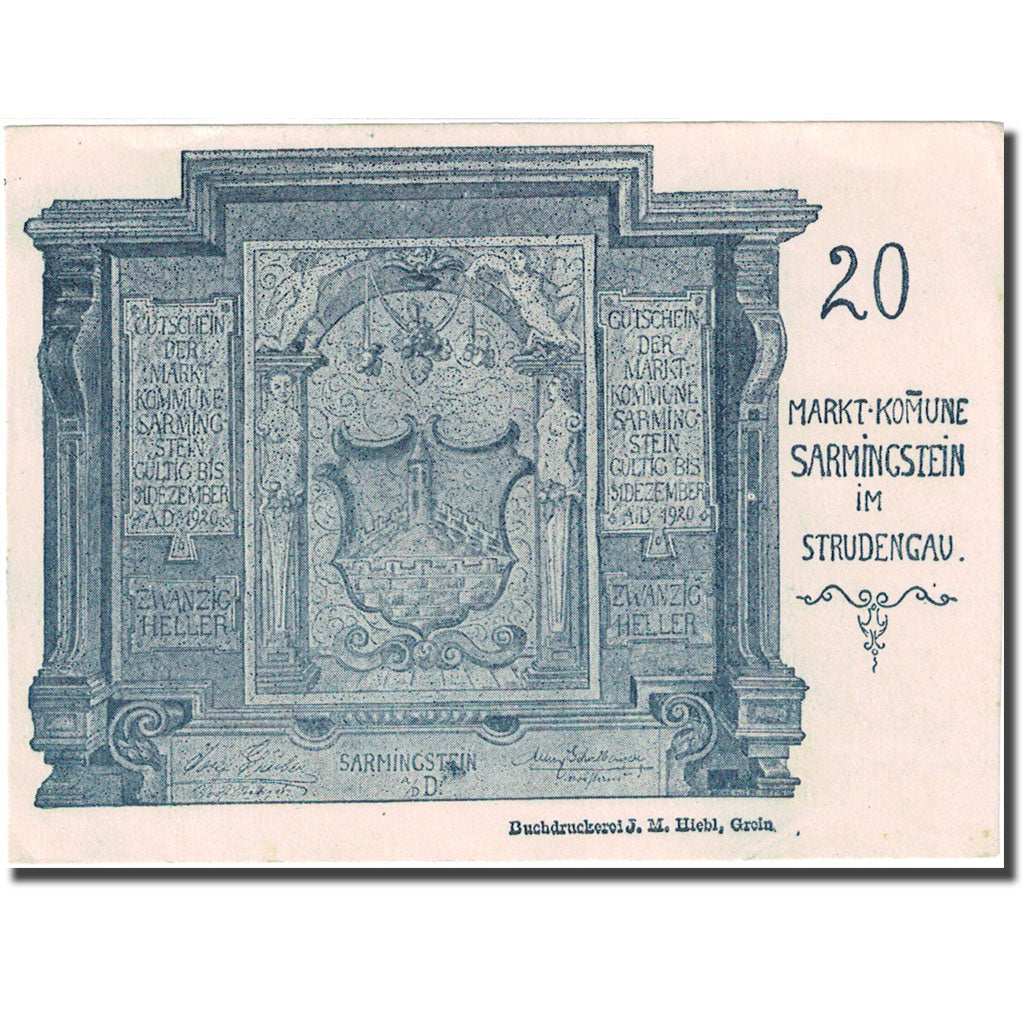 Banconote, Austria, Strudengau, 20 Heller, Blason, 1920, SPL, Mehl:FS 914Ib