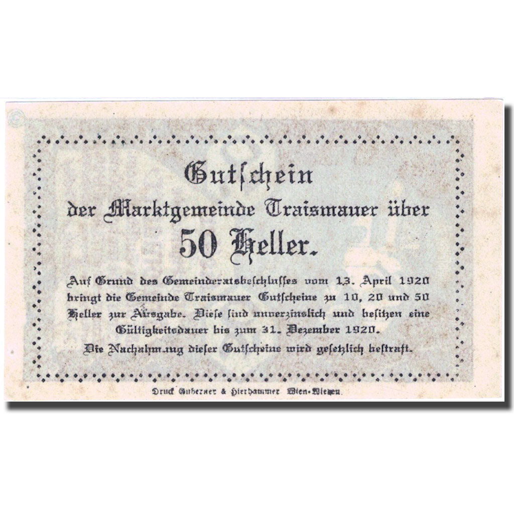 Banconote, Austria, Traismauer, 50 Heller, ecole, 1920 SPL Mehl:FS 1078II