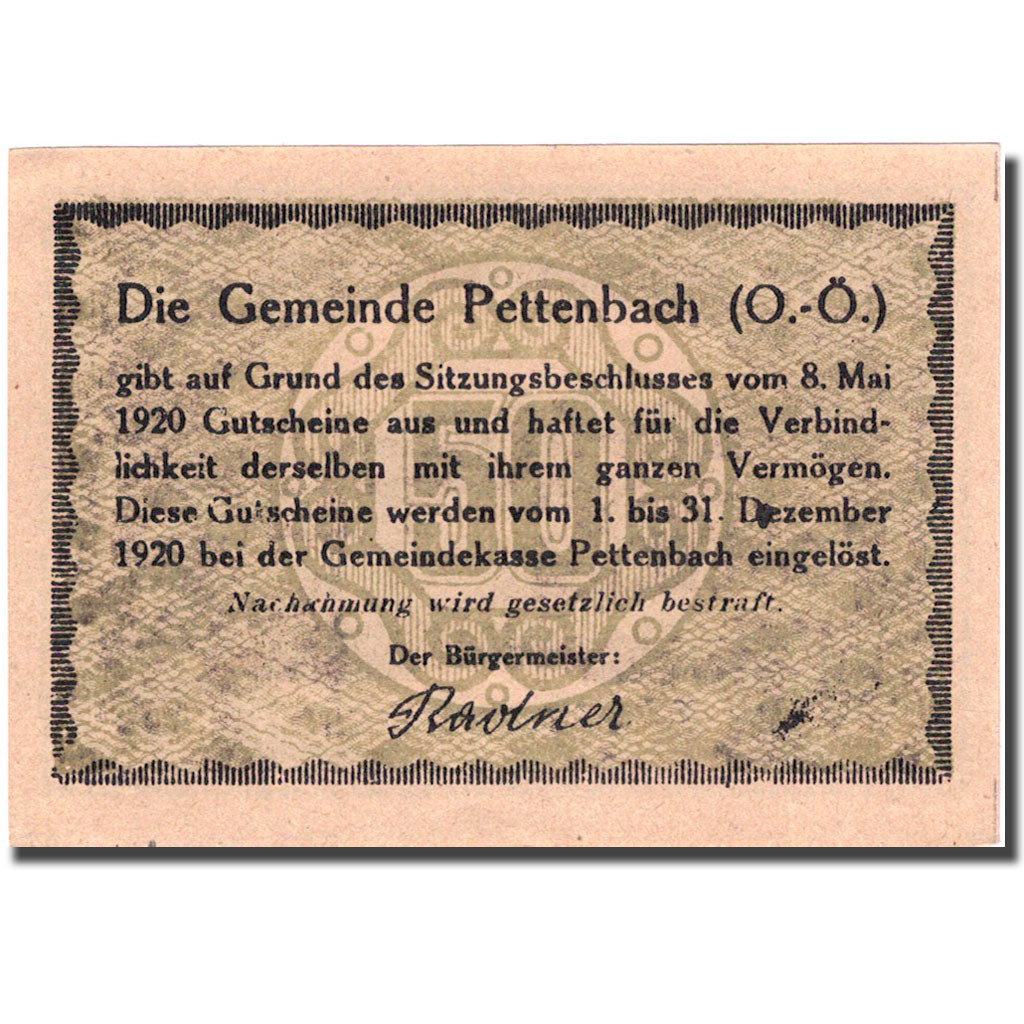 Banconote, Austria, Pettenbach, 50 Heller, village, 1920 SPL Mehl:FS 738