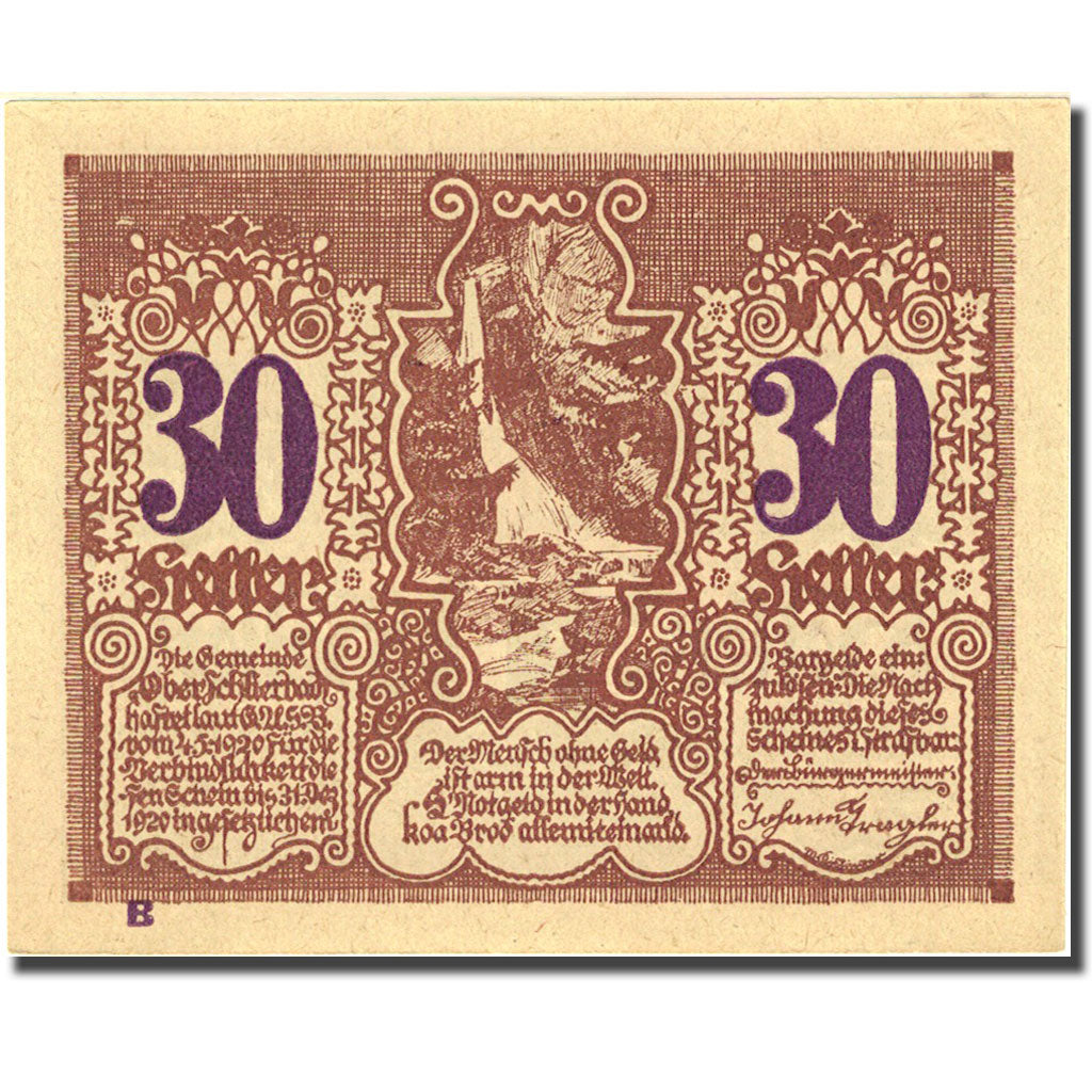 Banconote, Austria, Oberschlierbach, 30 Heller, village, 1920 SPL Mehl:FS 694