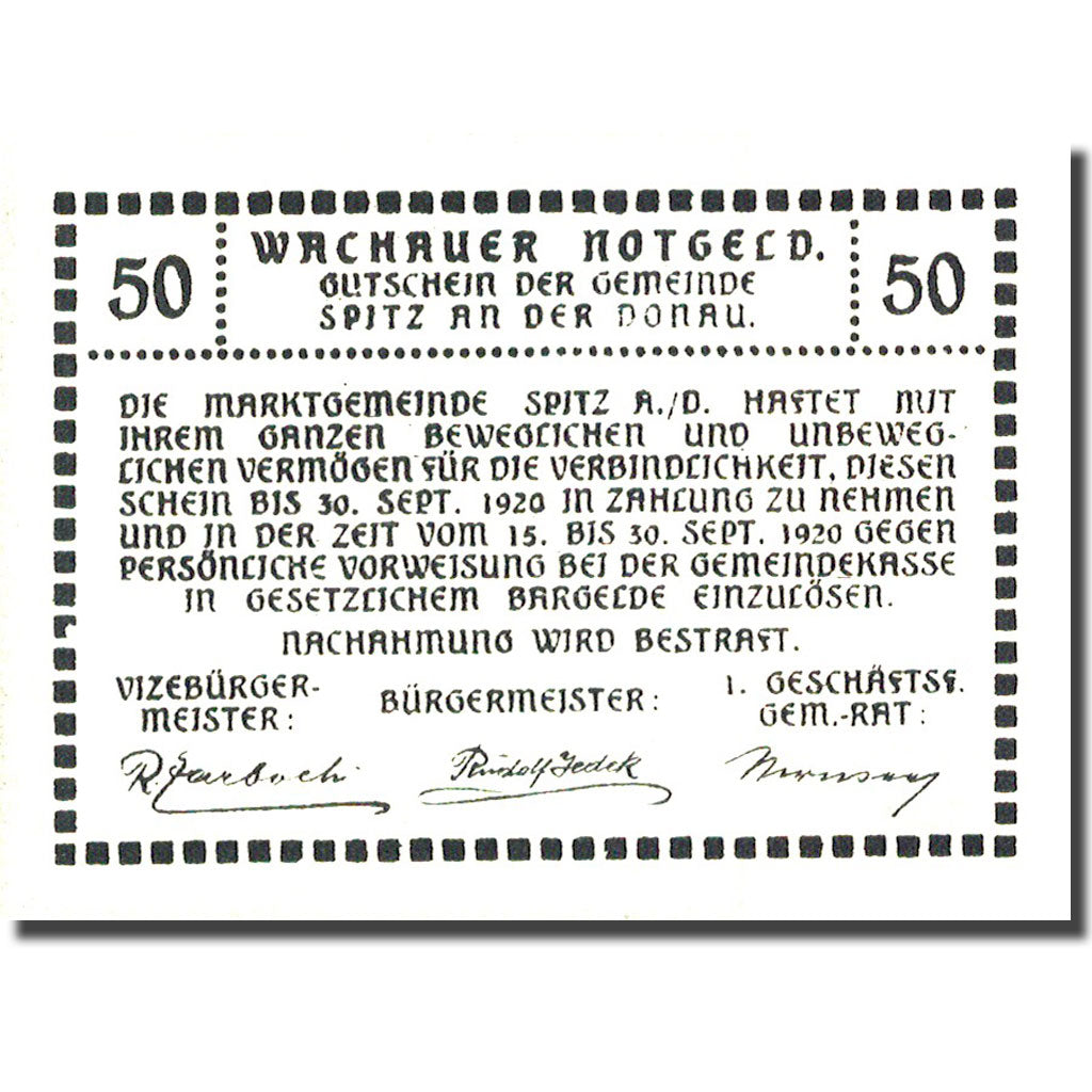 Banconote Austria Spitz an der Donau 50 Heller 1920 SPL Mehl:FS 1122.10IIa