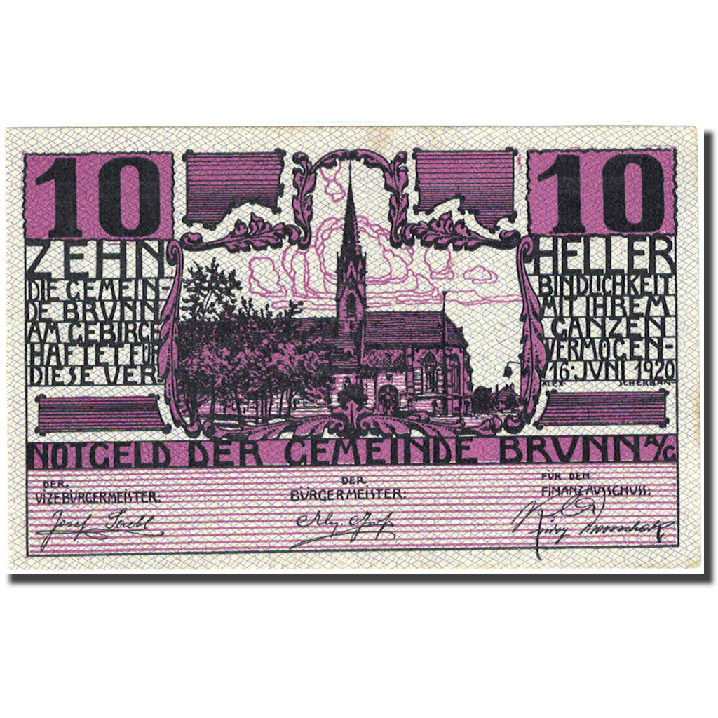 Nota, Áustria, Brunn am Gebirge, 10 Heller, Eglise, 1920 SUP  Mehl:FS 109a
