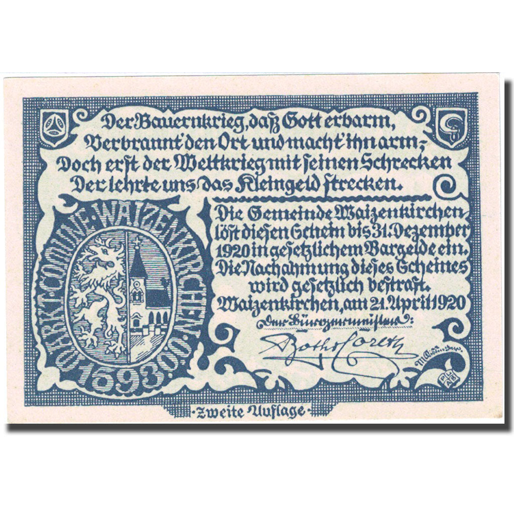 Banconote, Austria, Waizenkirchen, 20 Heller, paysage, 1920 SPL Mehl:FS 1128b