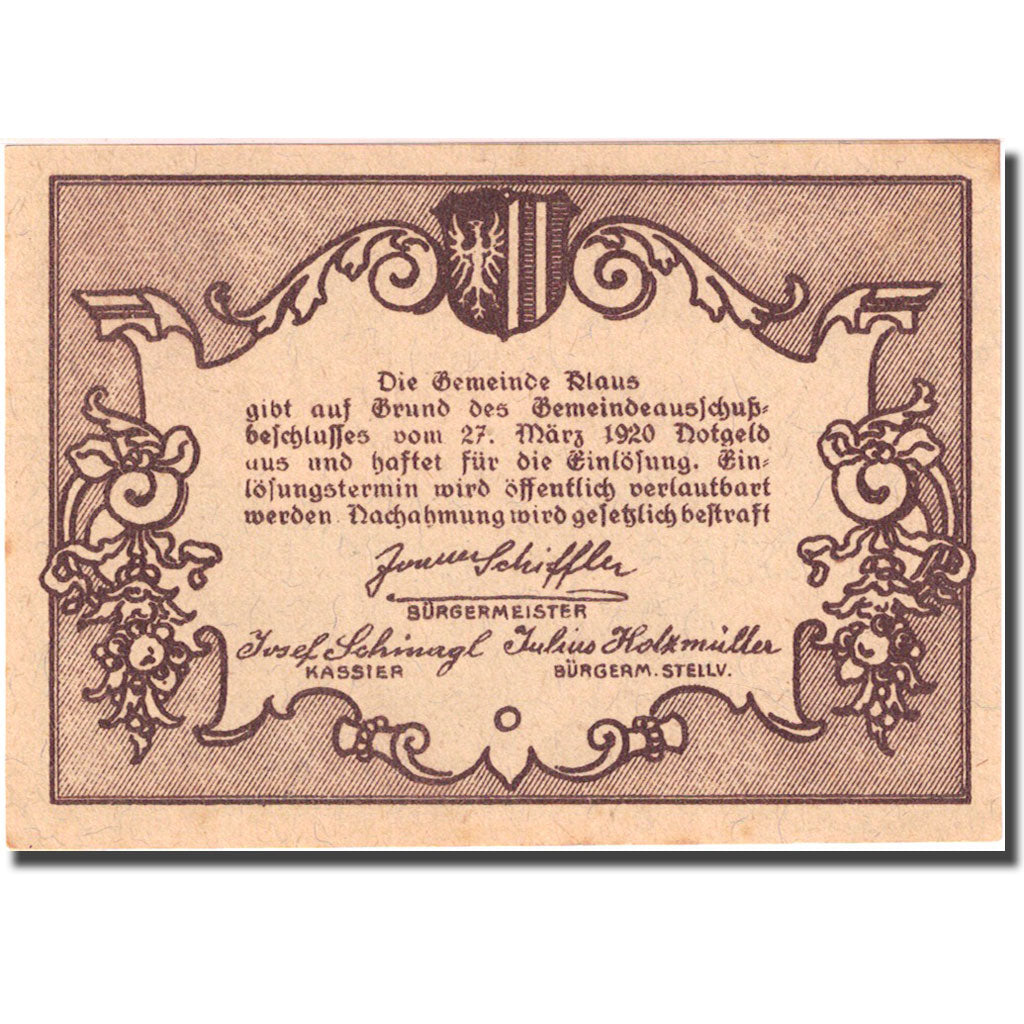 Banconote, Austria, Klaus, 50 Heller, montagne 1920-03-27, SPL Mehl:FS 454Ia
