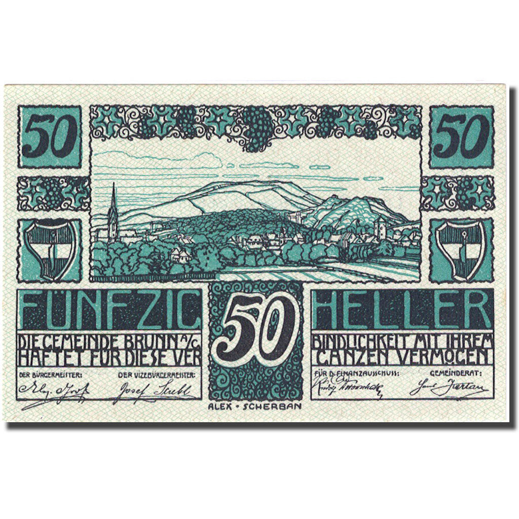 Nota, Áustria, Brunn am Gebirge, 50 Heller, paysage, 1920 UNC(63) Mehl:FS 109a