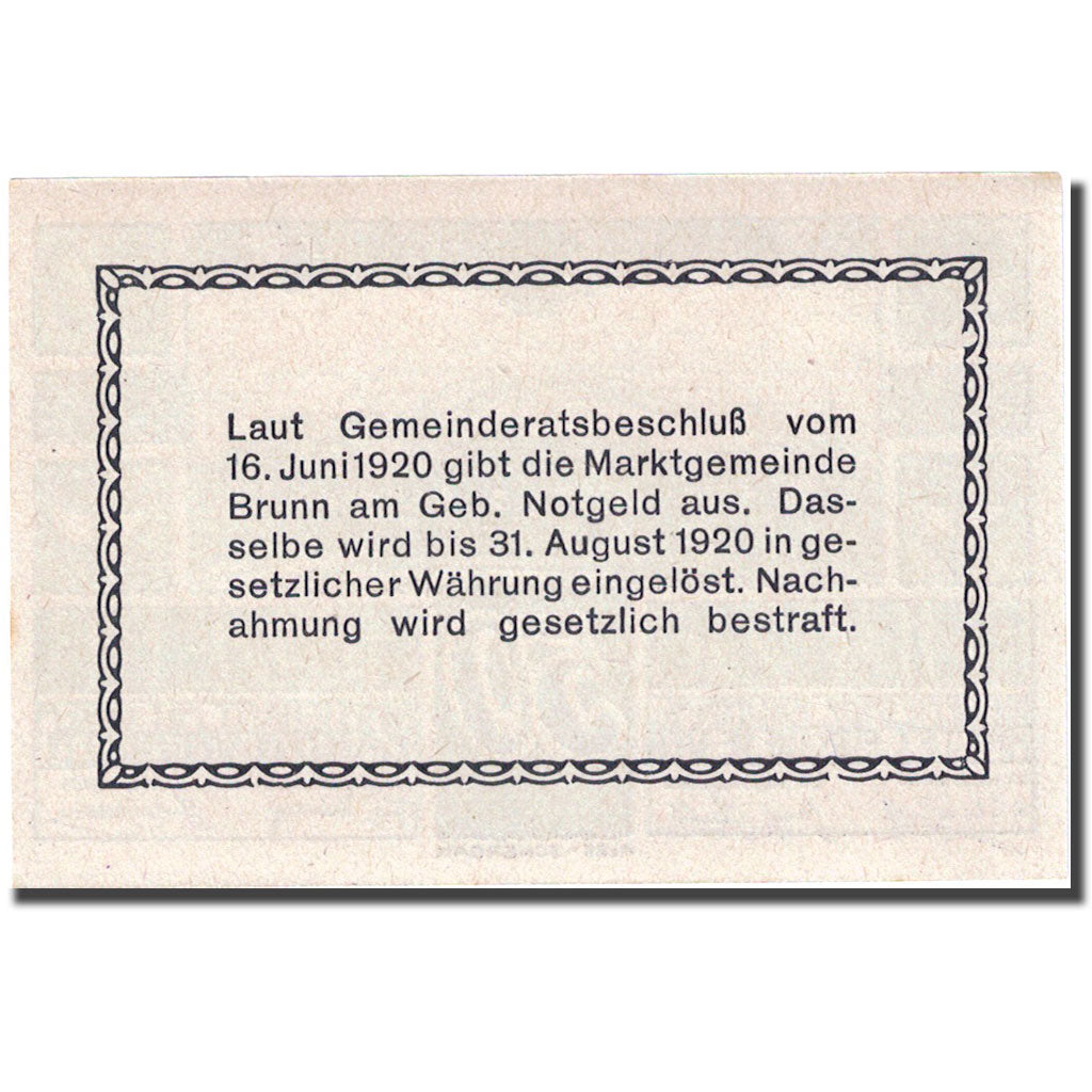 Nota, Áustria, Brunn am Gebirge, 50 Heller, paysage, 1920 UNC(63) Mehl:FS 109a