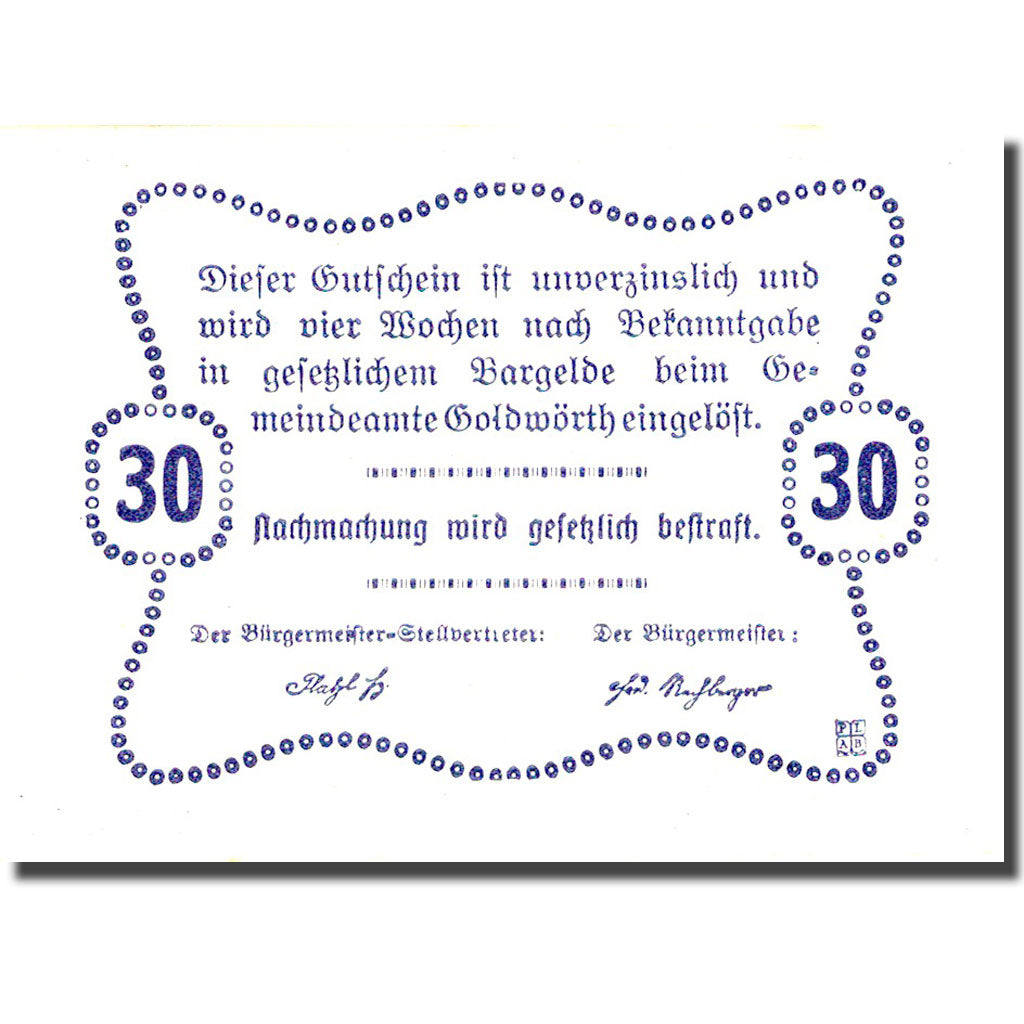 Billet, Autriche, Goldwörth, 30 Heller, Taverne, SPL, Mehl:FS 248b